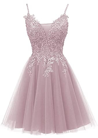 KURFACE Robes courtes Homecoming avec bretelles spaghetti en tulle et dentelle pour adolescents, rose poudré, 42
