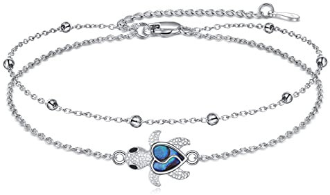POPLYKE Meeresschildkröte Fußkettchen Damen 925 Sterling Silber Doppelschichtige Kette Meeresschildkröte Knöchelarmband Sommer Strand Schmuck Meeresschildkröte