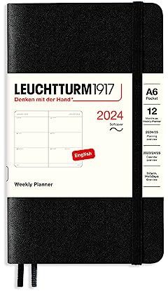 LEUCHTTURM1917 367678 Wochenkalender, Softcover, Pocket (A6) 2024, 12 Monate, Schwarz, Englisch