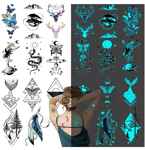 Acevegue Temporäre Tattoos set, 12 Blätter Blue Leuchtende Schmetterling Feder Geweih Schlange Fake Tattoos aufkleber für Erwachsene Männer Frauen, Party Favors Nachtclub Kneipe