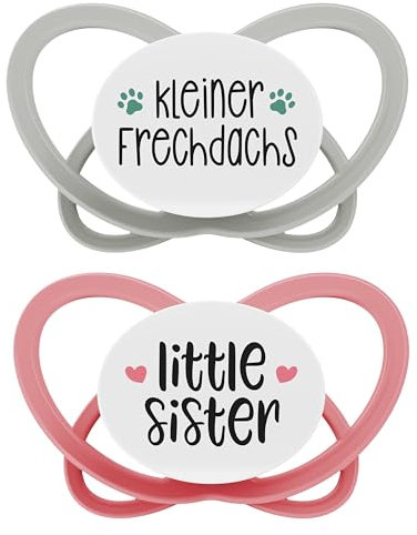 nip - Butterfly | 0-6 Monate | 2er Pack | Stillfreundlicher, zahnfreundlicher Babyschnuller inkl. Schnullerbox. Nachhaltiger Schnuller mit weichem Silikonsauger, Frechdachs/Little sister