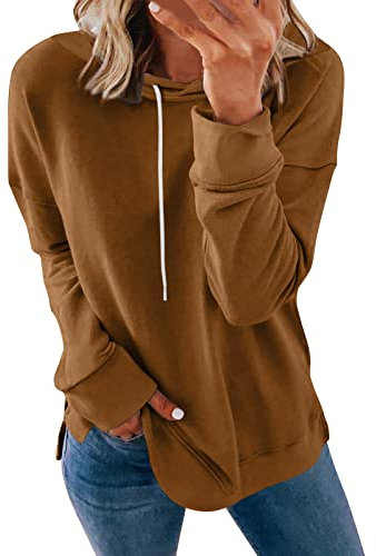 Skang Damen Pullover Winter Lässiges, bequemes, lockeres, einfarbiges, lässiges Sweatshirt mit Kapuze für Damen Norweger Pullover Damen Winter (Coffee, XL)