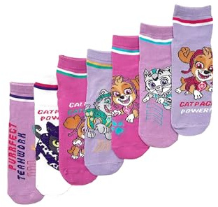 ONOMATO! Paw Patrol Socken Mädchen 7er Pack, Sneaker Socken mit Skye, Everest & Cat Pack Motiven, Baumwollmix Kinder Socken Set, Offizielles Lizenzprodukt, Größe 23-34