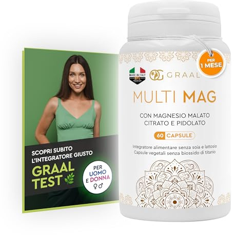 GRAAL Magnesio Pidolato Sollievo Naturale per Muscoli e Stress, Formula Potenziata di Magnesio Completo Citrato Malato Vegano Organico Naturale, Integratori Uomo Donna, 60 Capsule