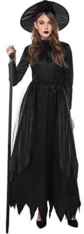 YNIEIAA Karneval Kostüm Damen, Renaissance Mittelalter Gothic Kleid Hexe Schwarz Engel Teufel Kostüme Frauen Outfit 2 Teilig - Schwarzes Kleider und Mützen für Karneval Fasching Schwarz XL