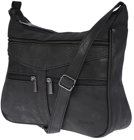 Christian Wippermann Damen Tasche Schultertasche Umhängetasche Crossover Bag Leder Optik Handtasche Schwarz-Schwarz