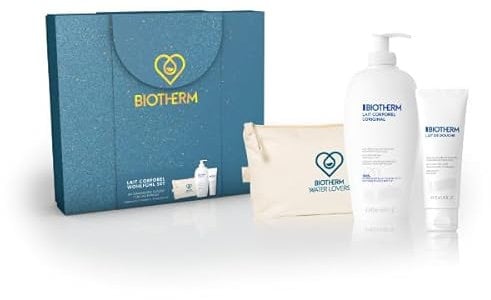 Biotherm Lait Corporel Körperpflege Geschenkset, Lait Corporel Bodylotion 400ml, Lait de Douche Duschlotion 75ml und Waterlover Kosmetiktasche