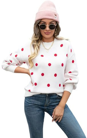 HEYPORK Damen Herbst Winter Warm Bequem Pullover Casual Mode Strickjacke Strickpullover Frauen Pullover Strickwaren Polka Dot Pullover(Weiß, XL)