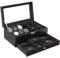 mepure Watch Box, Leather Jewellery Watch Box for Men Women, 6 Slot Watch Case & 3 Slot Sunglasses Organiser, 2 Layers Lockable Watch Holder with Glass Lid for Earrings, Rings, Bracelets (Black)