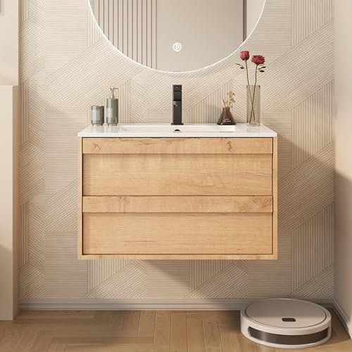 UEV Waschtisch mit Unterschrank, Waschbeckenunterschrank 75cm hängend, mit Soft-Close-System, Waschplatz, Aufsatzwaschbecken, Badezimmmer Möbel für Gäste WC, Badmöbel Set für Badezimmer, Natur