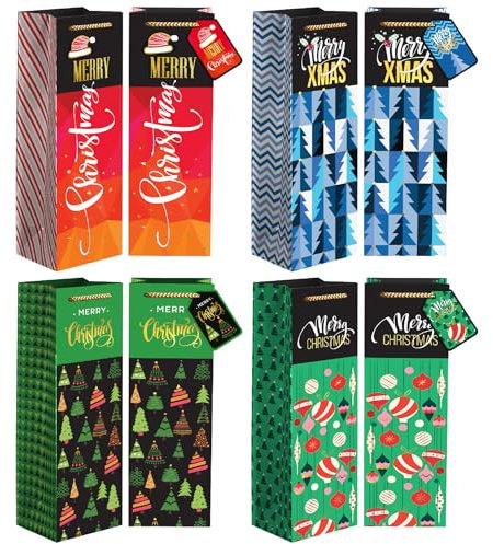 easykart labels Christmas Wine Gift Bags with Tags, Heavy-Duty, Pack of 8 Xmas Bottle Bag Set, 4 Design, 2 PCs each Gold Foiling Holiday Theme