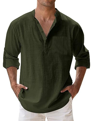 Herren-Pullover-Hemd mit Lockerem Stehkragen, einfarbig, Tasche, langärmelig Hellblaues Hemd Herren Langarm