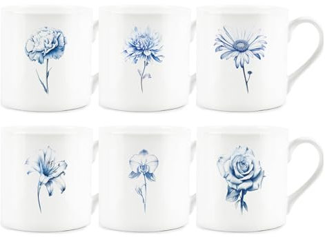 Purely Home Blue Floral Mugs Set - Orchid Lily Daisy Rose Flowers Bone China Cups Set of 6 - Tea/Coffee Present Gift
