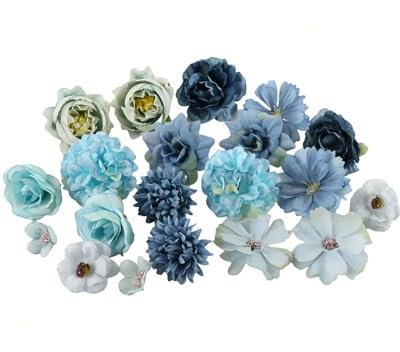 UYRVAPE 20pcs Kunstblumen zum Basteln Blau Klein Blumenköpfe, Mini Künstliche Blumen Blütenköpfe Deko Seidenblumen Fake Blumen Blumendeko Rosen Hortensien für Tortendeko Dekoblumen