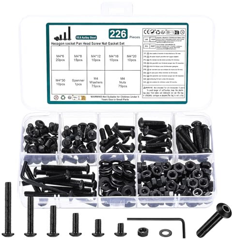 226 Pz Set di Viti Bulloni e Dadi, M4 Bulloni a Testa Esagonale Tonda, Viti e Dadi e Rondella, Viti e Bulloni e Dadi Set, Dadi e Bulloni Viti a Testa Esagonale, Bulloni a Testa Brugola Nero
