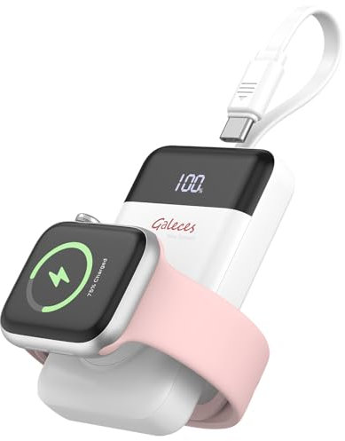 Galeces 3000mAh Power Bank Portable Charger for Apple Watch, Magnetic Wireless Charger with Built in Cable USB C In & Out Battery Pack for iWatch 10/9/8/7/6/5/4/3/2/1/SE/Ultra/Ultra2 Series(White)