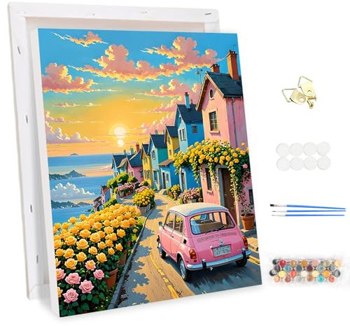 MEIYUDA Peinture par Numero Adulte avec Cadre Voiture, Paysage DIY Peinture à l'huile par Numéros sur Toile Artisanat avec Pinceaux Peintures Acryliques, Decoration Maison Cadeau 30x40cm