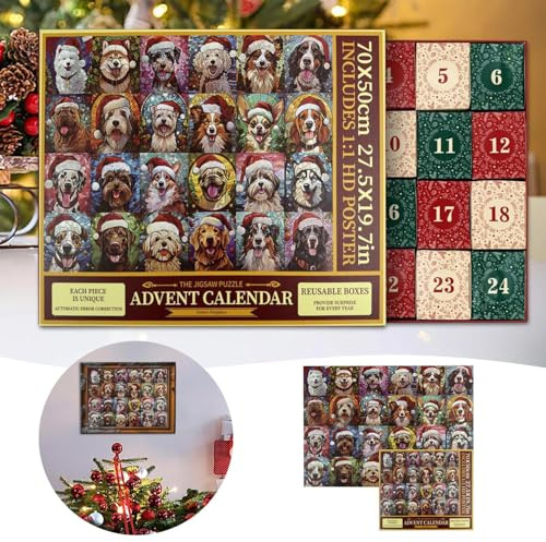 Advent Calendar 2024 Christmas Jigsaw Puzzles for Adults 1000 Pieces, Dog Mosaic Stained Glass Puzzle 24 Days Christmas Countdown Calendar, Xmas Jigsaw Puzzles Xmas Gifts Home Decorations (A)