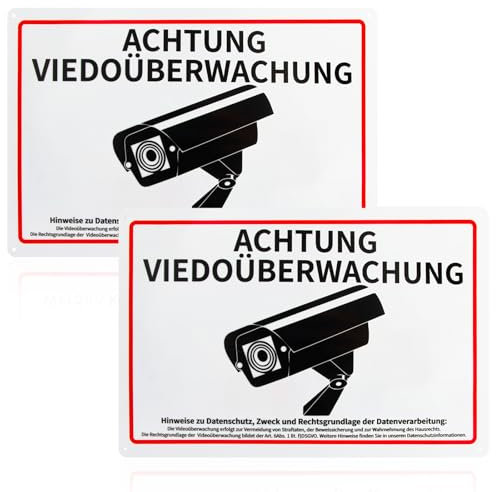 2 Stück Achtung Videoüberwachung Schild, Kamera Überwachung Schild, Hinweisschild Videoüberwachung, 30 * 20cm Aluminium Schilder, mit Selbstklebend und 4 Bohrlöcher (Achtung Videoüberwachung Schild)