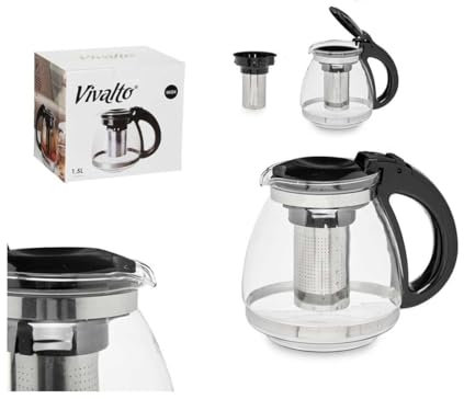 Tetera Vidrio Grande - Para preparar Té de Hojas, Hierbas, Frutas, Infusiones calientes o frías | Estuche de Filtro de Acero Inox - Cristal Resistente al Calor (L - 1,5 l)