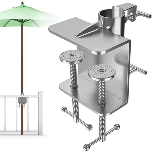 BeneLabel Sonnenschirmhalter Balkongeländer, Terrassenschirm Klemmenhalterung Verstellbar Ampelschirm Zaunbefestigung Platzsparend Ständer für Max 5.5cm Stangen, Bis 10cm Deckgeländer, Doppelklemme