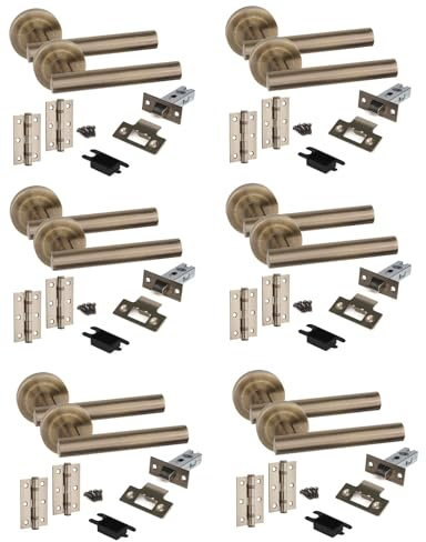 Golden Grace Straight T-Bar Door Handles with Latch & Hinges, 6 Sets | Antique brass finish on a rose base adds a modern touch to home decor, complete with 3-inch ball bearing hinges.