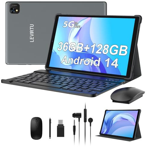 LEVIRTU Tablet 10 Pulgadas Android 14 Tableta 5G WiFi Octa Cores,2.0GHz Tablet PC 36GB RAM+128GB ROM, 1920 * 1200 FHD, 8000mAh,13MP+8MP, GPS, Face ID, Tablet con Teclado, Ratón(Gris)