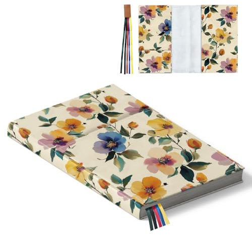 Hobbspring Buchumschlaghülle 27x18cm Verstellbar Polyester Mit Ribbon-Lesezeichen Großer Farbiger Blumen Buchumschlagschutz Für Taschenbücher Notizbücher Planer Buchliebhaber Zurück zur Schule