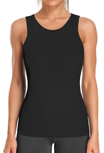 Charmo Damen Sport Tank Top mit Integriertem BH Fitness Sport Shirt Sommer Yoga Oberteil Ärmelloses Sporttop Nahtlose Gym Top（Schwarz,M）