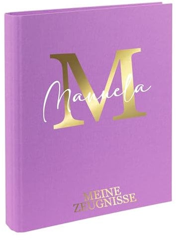 AWASG Zeugnismappe Kinder mit Namen personalisiert | Dokumentenmappe Buchstabe Initiale für Mädchen Jungen | Zeugnisordner Leinen zum Einsortieren von Urkunden (Lila)