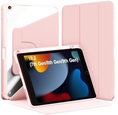 World biz Rotating Case for iPad 9th/8th/7th Gen, 10.2 inch (2021/2020/2019 Model) with Pencil Holder, 360 Degree Rotation Protective Trifold Stand Cover Clear Back, Auto Wake/Sleep (Rose Gold)