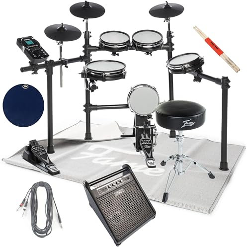 Fame DD-6600 E-Drum Set, Mesh Pads, 40 Drumkits, 408 Sounds, Recording, Digital Output, Monitor, Hocker, Sticks, Teppich, Practice Pad