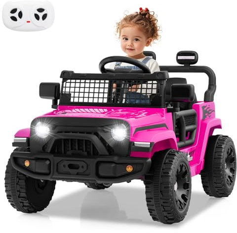 COSTWAY 12V Voiture Électrique Enfant avec Télécommande 2,4G et Volant, Véhicule Électrique avec Lumières LED et Musique et Klaxon, Démarrage Lent, Max. 3,4 Km/h, Charge 30kg pour 3 Ans+, Rose