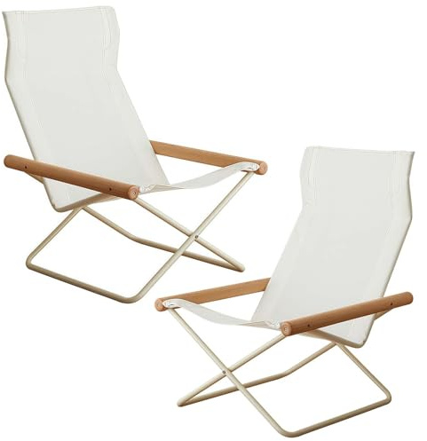 Klappstühle für den Außenbereich, massives Buchenholz und 600D Canvas, breiter Liegestuhl, faltbar, lässiger Campingstuhl, Outdoor-Stuhl für Strandstuhl, Outdoor, Camping, Picknick, Weiß, 2 Stück