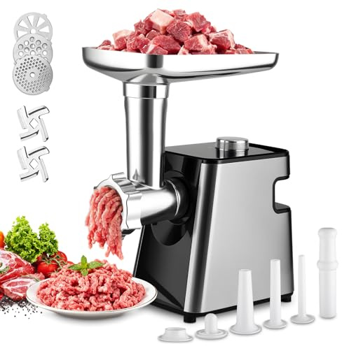 Electric Meat Grinder- 350W Motor with Sausage Stuffer & Meatballs Making, Food Grinder with Stainless Steel Blade & 3 Plates, Heavy Duty Meat Mincer for Home Kitchen & Restaurant
