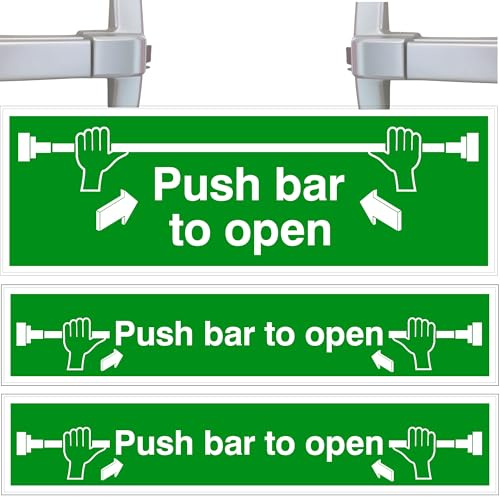 Push bar to open, Safety Signs, Self Adhesive Vinyl 3Pcs, Waterproof Decals Set, (BS-5499) compliant, 30cm x 10cm and 2x 30cm x 6cm Door Signs, for Indoor Outdoor Use - Made In UK by PrintKings