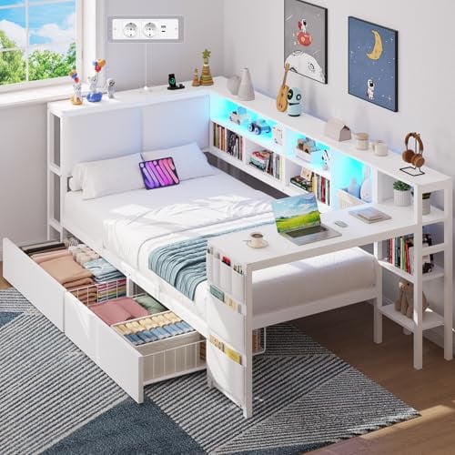 Brinlawb Schlafsofa mit LED-Beleuchtung und Ladestation, Jugendbett 90x190 cm mit einem 35x112cm Tisch und Zwei großen Schubladen, Bett 90x190 Tagesbett mit polsterter Rückenlehne am Kopfteil, Weiß