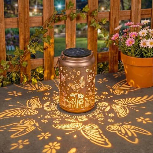 Dehobo Schmetterling Solarlampen für Außen Garten Hängend, Geschenke | IP65 Wasserdicht Garten Deko Retro Gold Metall Laterne für Outdoor Terrassen, Balkon, Hof, Gartendeko, Geschenke für Frauen