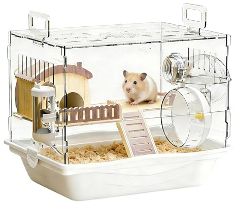 Hamsterkäfig - Zweistöckiger Lebensraum aus klarem Acryl,Mäusekäfig inklusive Laufrad, Trinkflasche und Futternapf | Für Rennmäuse, Mäuse und Igel zur Beschäftigung, Erholung zum