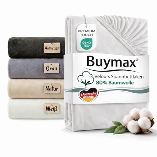 Premium Baumwoll Velours Spannbettlaken 180x200 cm–200x200 cm Weiß – Kurzflor Samtig Weich, Cashmere Touch – 80% Baumwolle / 20% Polyester – Für Matratzen bis 25 cm Höhe