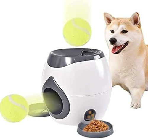 Lanzador automático de bolas para perros con bandeja plana de alimentación para interiores con 2 pelotas de tenis para perros, juguetes interactivos para perros, máquina de recompensa de comida para