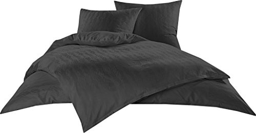 Bettwaesche-mit-Stil Mako Satin Damast Bettwäsche Garnitur Waves Anthrazit (200 cm x 200 cm + 2X 80 cm x 80 cm)