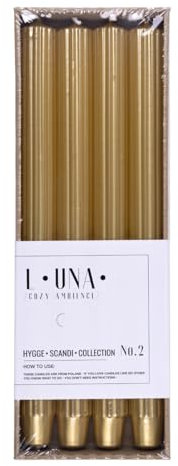 DONAU HOME Set Lange Stabkerzen Gerippt/Golden/ 4 Stück / 30 x Ø 2,5cm Unparfümiert/Geriffelte Stabkerzen/Tafelkerzen zur Dekoration im Wohnzimmer, Bad / 10 Stunden Brenndauer/Leuchterkerzen