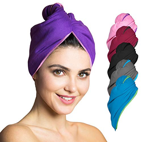 Fit-Flip Haarturban Mikrofaser - 2 Stück Haarhandtuch mit Knopf - schnelltrocknend und saugstark - Microfaser Kopf Turban - Haar Handtuch (lila-rosa)