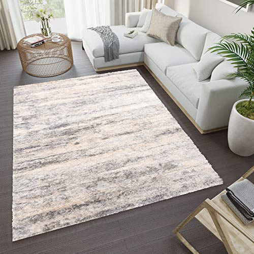 TAPISO Versay Teppich Shaggy Langflor Hochflor Verwischt Meliert Creme Grau Modern Streifen Design Wohnzimmer Schlafzimmer ÖKOTEX 80 x 150 cm