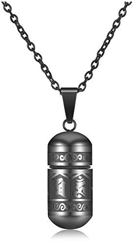 PiercingJak Collier Balle Pendentif Bouddhiste Mantra Prière Urne Cendres Funéraire Bouteille Tube Recipient Ouvrir Militaire Acier Inoxydable Homme Femme (Noir)