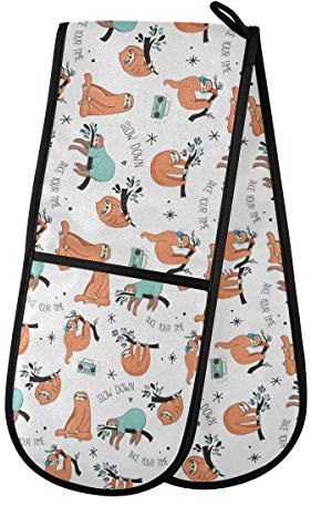 RXYY Doppelt Ofenhandschuh Niedlich Tier Faultier Radio Hitze Beständig Gesteppt Baumwolle Küche Topflappen Lange Ofenhandschuhe für Kochen Backen Grillen