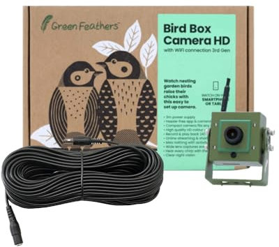 Green Feathers WiFi Birdbox Camera, 1080p HD Smart Camera with Recording and Night Vision, Garden Wildlife Camera for Bird Watching, Wildlife Viewing on Phone and Tablet- 20m Kit
