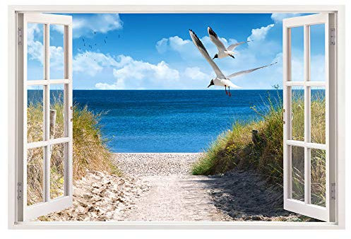 Advertising & Displays Werbecenter Berlin GmbH Leinwandbild mit Fensterblick – Strand mit Möwen 90 x 60 cm - Keilrahmen mit Druck