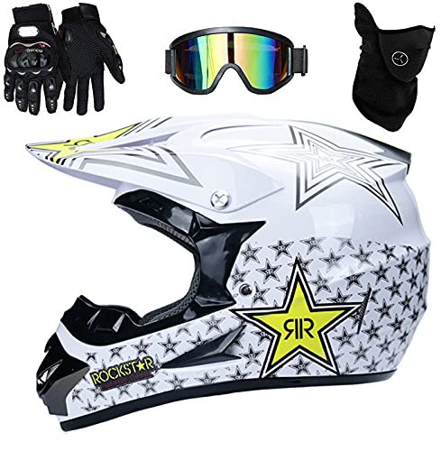 UIGJIOG Motorradhelm,Rockstar Motocross Helm,Helm Kinder,Helmets Kinder-Cross-Helm, Road Helm mit Handschuhe Maske Brille, ATV Helm MTB,Weiß,S(52~53cm)